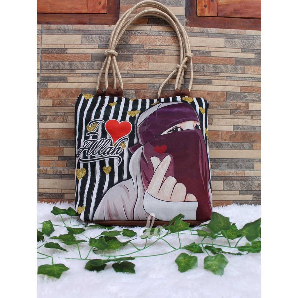 tas totebag canvas prining hijaber / totebag muslimah cantik bercadar / totebag canvas murah