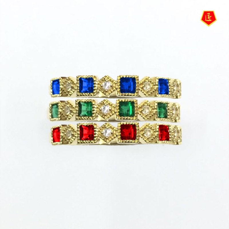 [Ready Stock]Simple Personality Square Diamond Emerald Ring 18K Gold