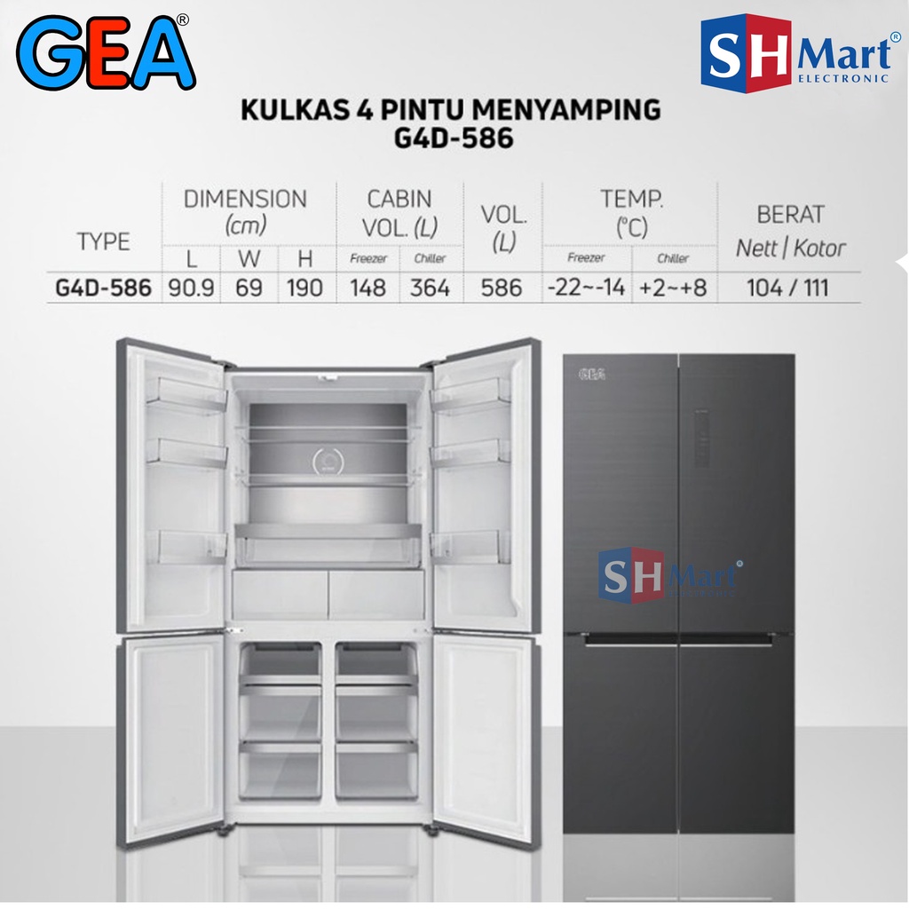 KULKAS SIDE BY SIDE GEA 4 PINTU G4D-586 INOX G4D-586 BLACK KAPASITAS 586 LITER INVERTER GARANSI RESMI