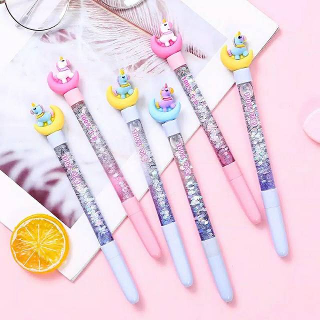 

Pen bolpen pensil kuda unicorn bulan sabit glitter sparkling twinkle little star shake gerak