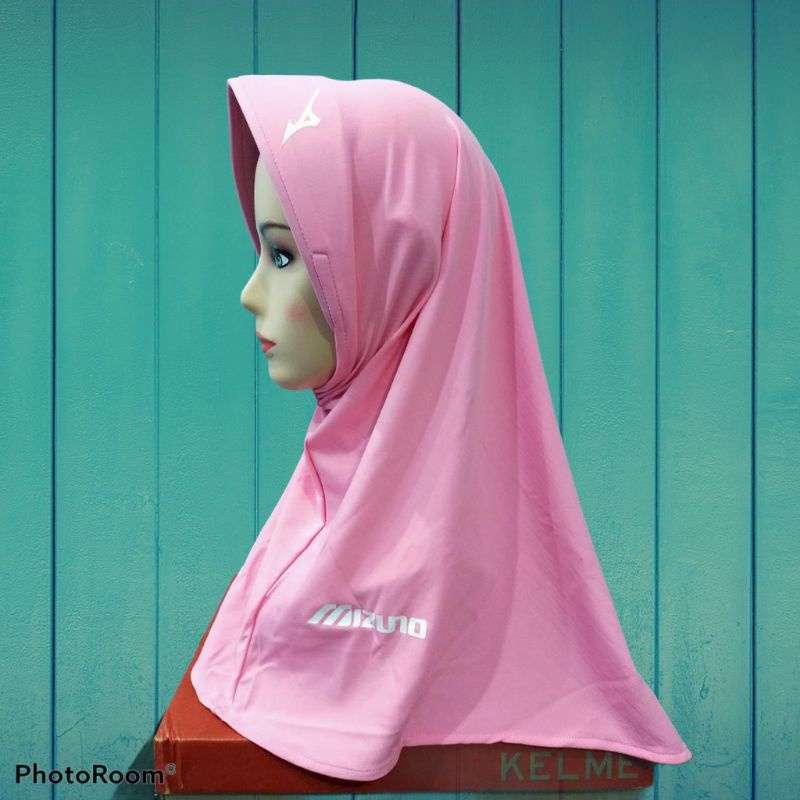 Hijab Sport Hijab Instan Sport Kerudung Olahraga Volly, Bersepedah, Joging Berlogo MIZUNO-Pink muda