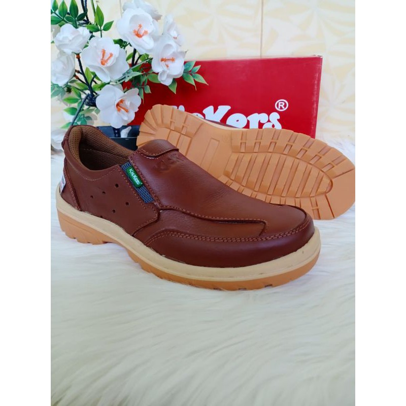 SEPATU KASUAL SLIP ON PRIA ASLI KULIT SEPATU KERJA MODEL ELASTIS MOTIF MOCCA