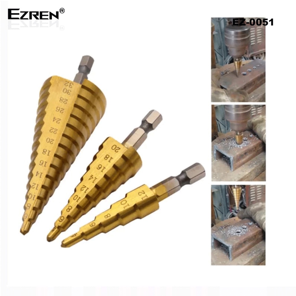 Ezren EZ-0051 3pcs Mata Bor Step Drill Lapis Titanium Cone Pagoda