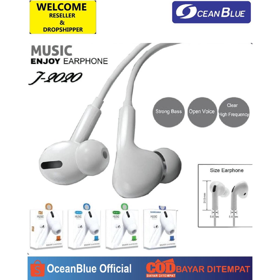 Handsfree Earphone Music Enjoy J2020 Jack 3.5mmHeadset HP Super Bass Aksesories Handphone Hp OCEANBLUE Ocean Blue Grosir Hp Termurah