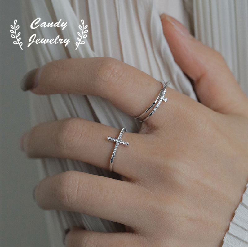 Korean Style Sparkling Diamond Cross Open Ring Women's Fashion Jewelry Engagement Gift