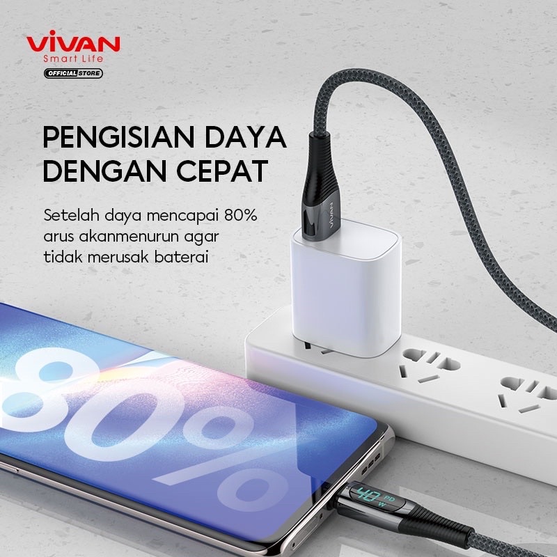 ORI VIVAN Kabel Data 100cm Cable DAta USB To Type C 40W 5A / USB To Lightning 12W 2.4A Fast Charging Smart LED Display VIC100 / VIL100 Garansi Resmi 1 Tahun (by 88)