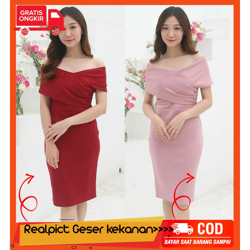 Dress Pesta Wanita 6000 Salsa Bahan Scuba Wedges / Dress Model Sabrina Warna Merah Pink / Gaun Pesta