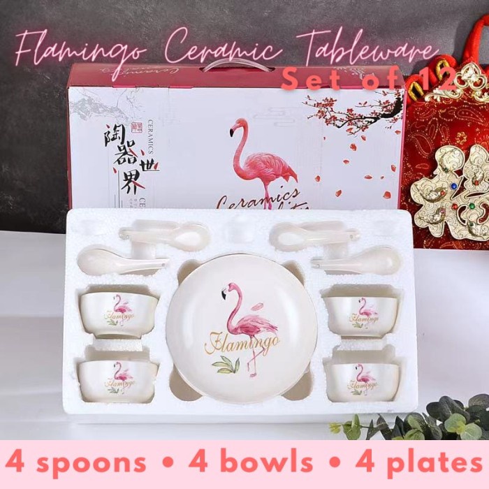 Ceramic Tableware 12pc Dinner Set Keramik Piring Mangkok Sendok Gelas - Flamingo