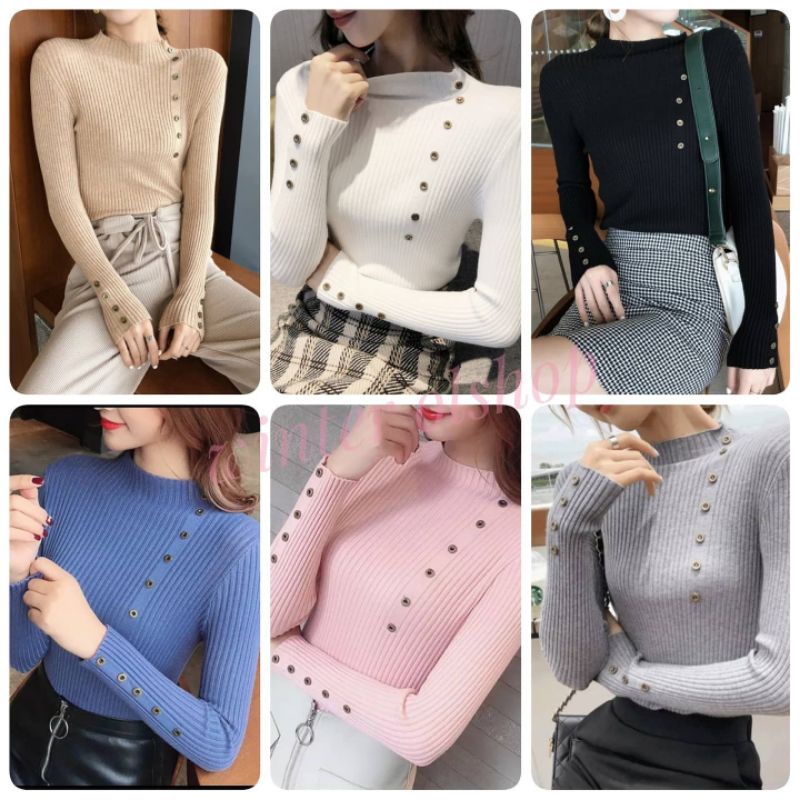  Baju  Rajut  Turtle Neck Wanita Lembut Import  Manset Rajut  