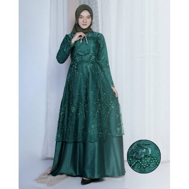 ( TERLARIS ) Dress Muslim Gamis Payet Mutiara Hijau Botol / Gamis Pesta Payet/ DRESS KEBAYA PESTA KONDANGAN TERBARU