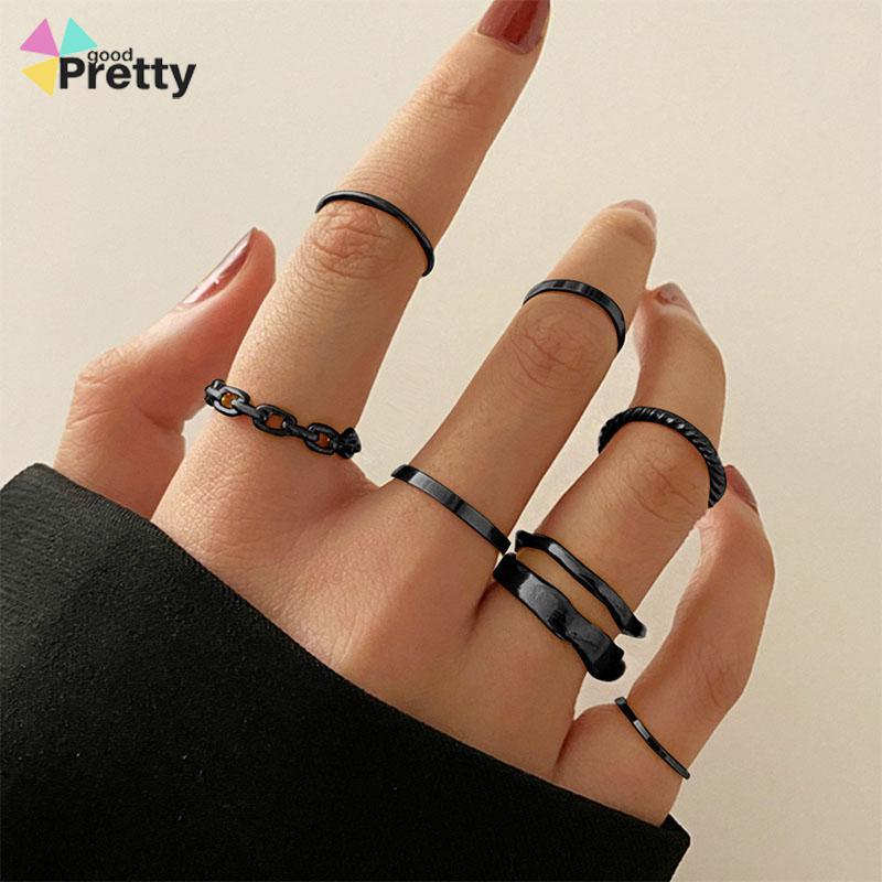 7pcs Cincin Korea Hitam Gaya Punk Aesthetic Cincin Titanium Pria Keren Untuk Wanita Ring Jewelry - PD