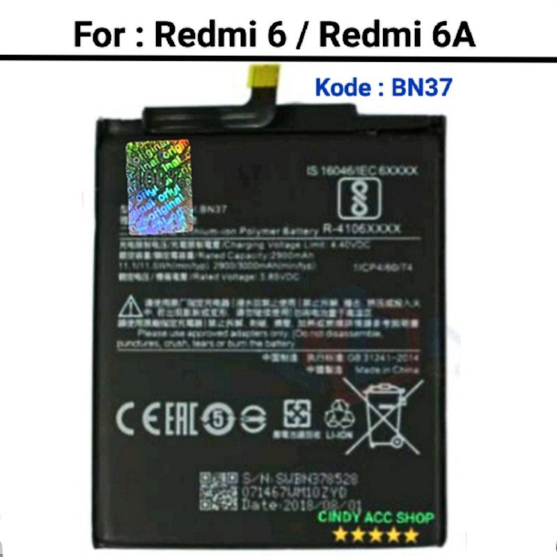 BATERAI ORIGINAL REDMI 6 / 6A / BN37 / BATRE REDMI 6 / BATTERY REDMI 6