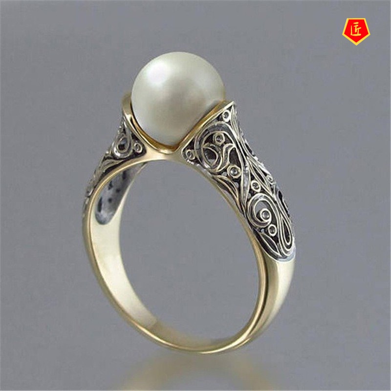 [Ready Stock]Inlaid Natural Freshwater Pearl Ring 14K Gold Retro Silver Accessories