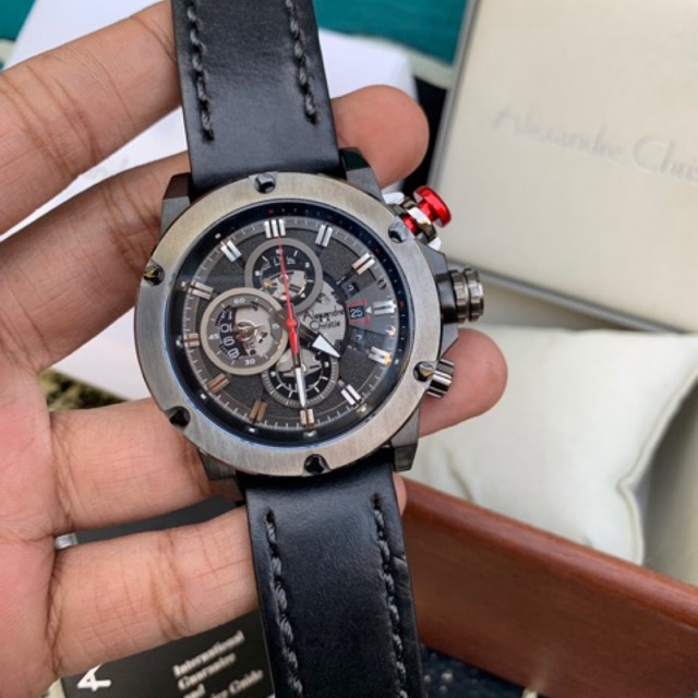 Jam Pria Alexander Christie AC 6491MC Full Black Leather Black Original