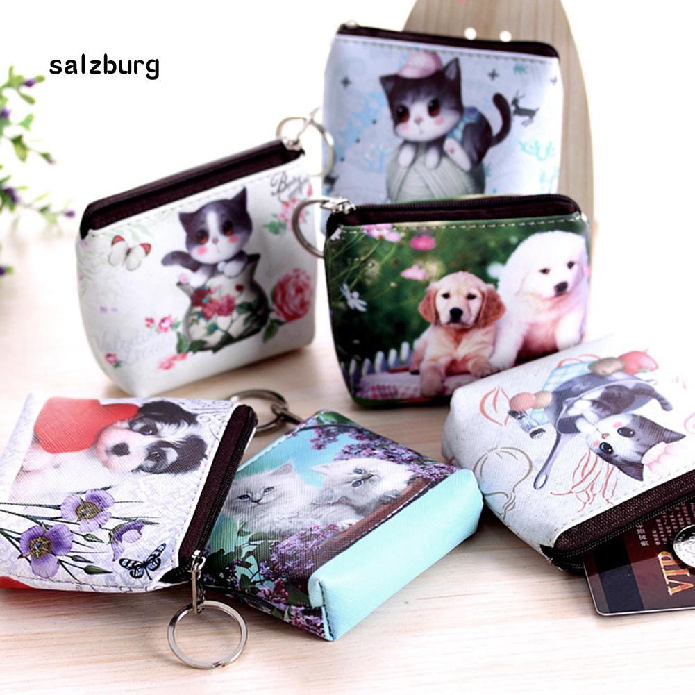 Luc Dompet Koin Mini Motif Anjing Kucing Lucu Bahan Kulit