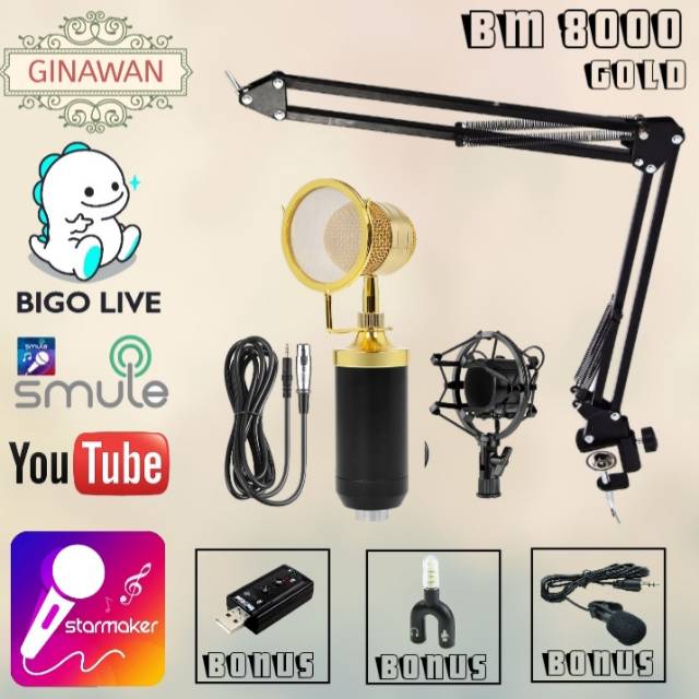 PAKET MIC CONDENSOR BM8000 GOLD WITH STAND MIC SCISSOR FOR BIGO LIVE,SMULE,YOUTUBE