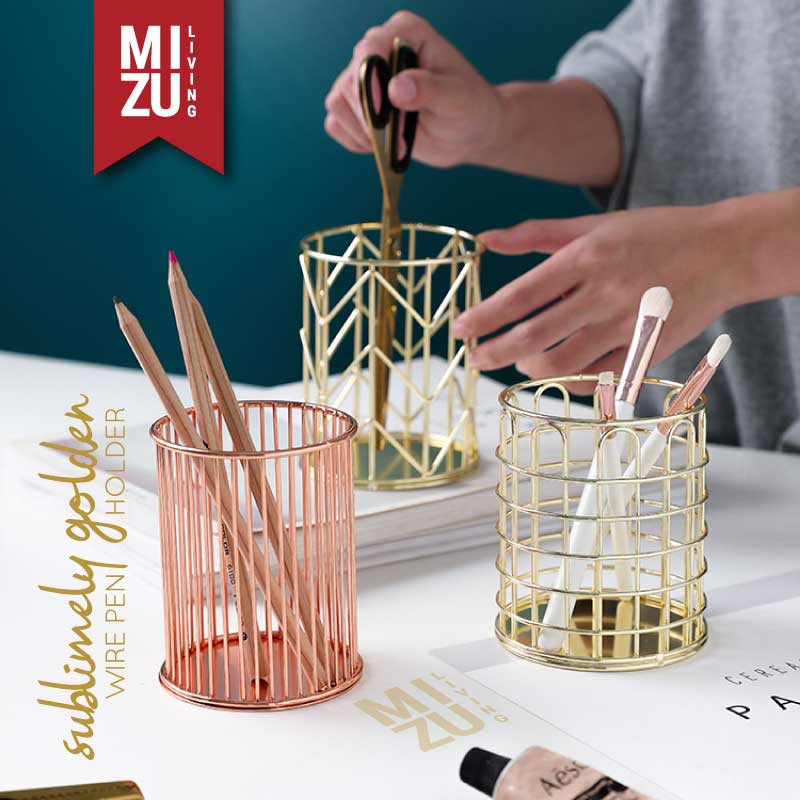 SUBLIMELY GOLDEN Wire Pen Holder Office Stationery Pencil Stand Tempat Alat Tulis ATK Serbaguna Emas