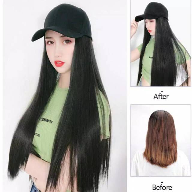 Wig Topi Perempuan / Topi Baseball Dengan Wig Sintetis Hair Extension RAMBUT PANJANG