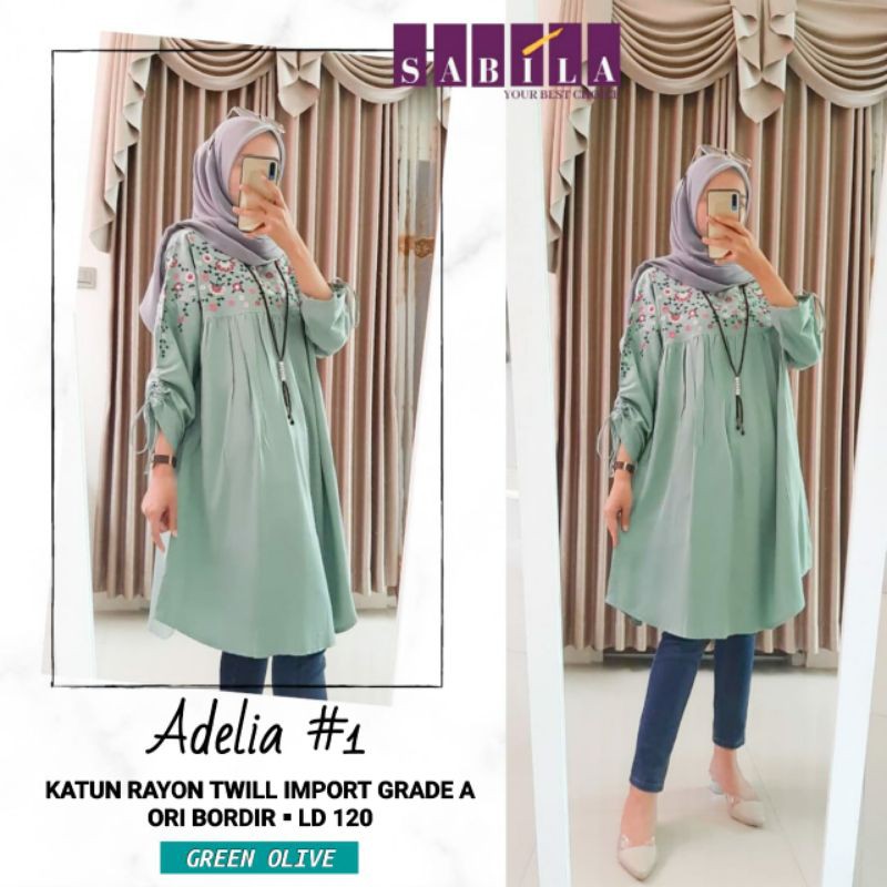 Adelia tunik 1, bahan moscrepe import ori bordir free tali pinggang, good quality