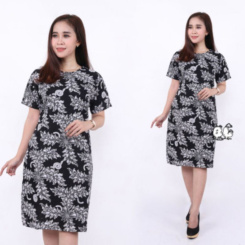 PAKAIAN BATIK WANITA JUMBO DRESS  XXXXL / 4L LENGAN PENDEK MOTIF PUTIH KHAS JAWA SOLO MODEL BARU-01
