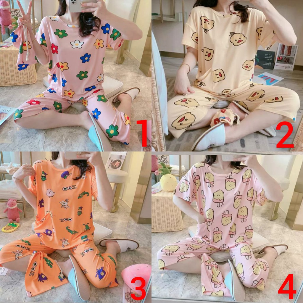 baju tidur 7/8 wanita bahan spandex import motif flower duck