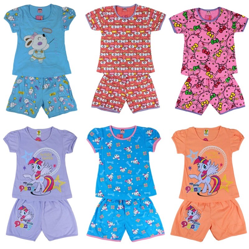 SETELAN KLEPON BAJU ANAK PEREMPUAN 2-7 TAHUN MOTIF RANDOM CELANA PENDEK LENGAN PENDEK