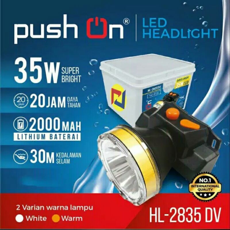 Senter Kepala Selam 35W LED Headlamp 35Watt LED Diving push on headlamp Waterproof HL-2835DV