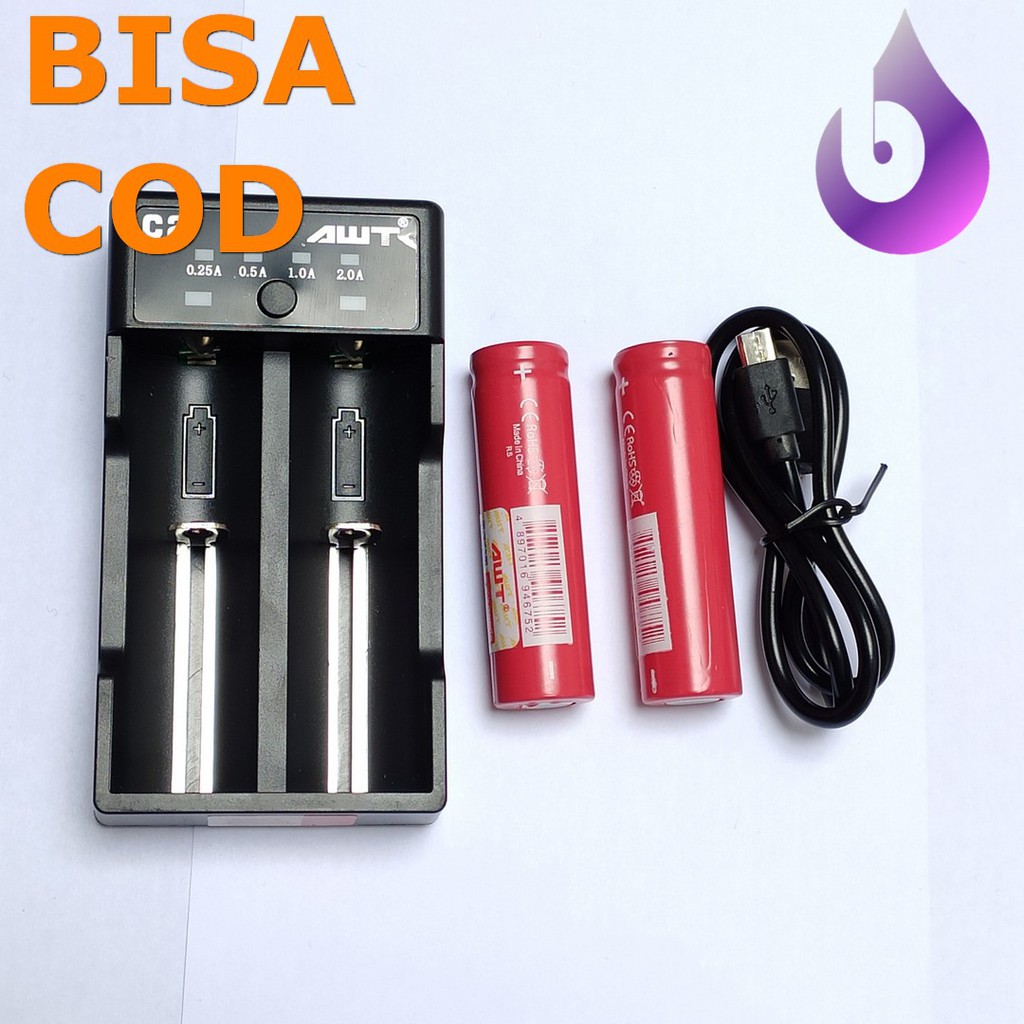 PAKET CHARGER DAN 2 BATTERY AWT AUTHENTIC AWT VAPE 18650 2 SLOT