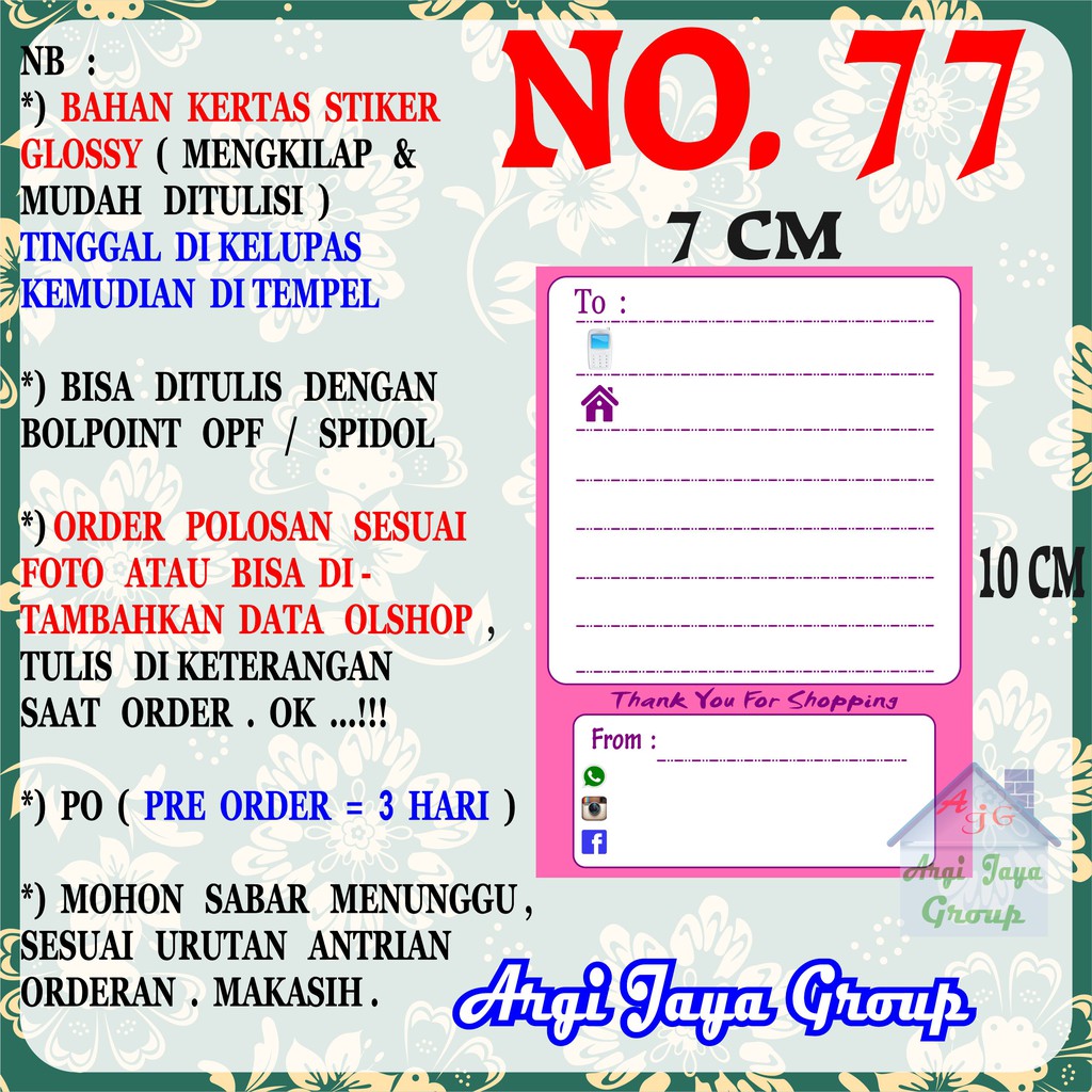 

Stiker Pengiriman - Sticker Alamat Olshop Murah Nomer 77 - 10x7 cm - Glossy