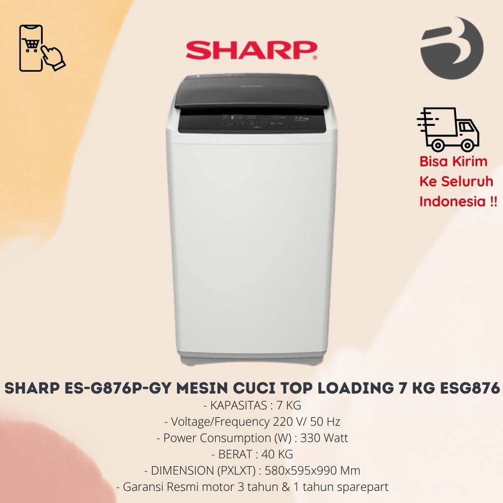 Sharp ES-G876P-GY Mesin Cuci Top Loading 7 Kg ESG876 Otomatis New Type