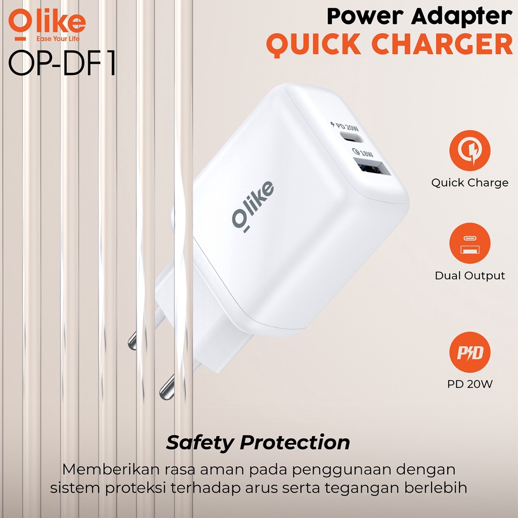 OLIKE Batok Kepala Charger Qualcomm Quick Charge 3.0 Power Delivery 20W Dual Port Batok Casan Garansi Resmi OP-DF1