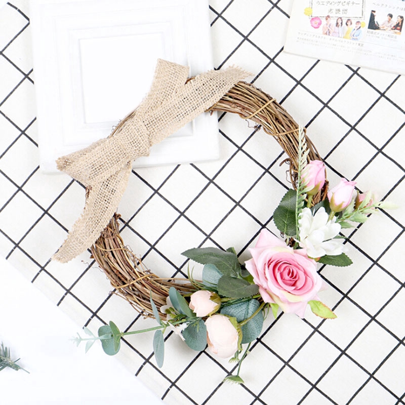 Burlap Knot Artificial Rose Flower Wreath Hanging Wreath Front Door Window Wall Decor