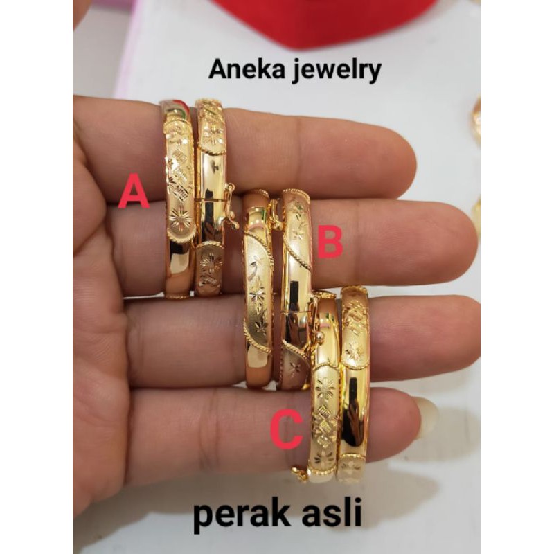 Gelang anak Bangkok ukir, Perak 925, sepuh emas kuning