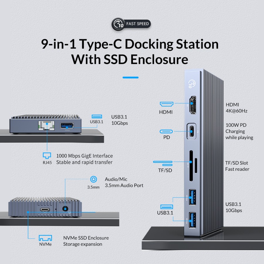 ORICO CDH-9N 9in1 Type C Hub NVME Enclosure USB 3.1 HDMI TF SD RJ45