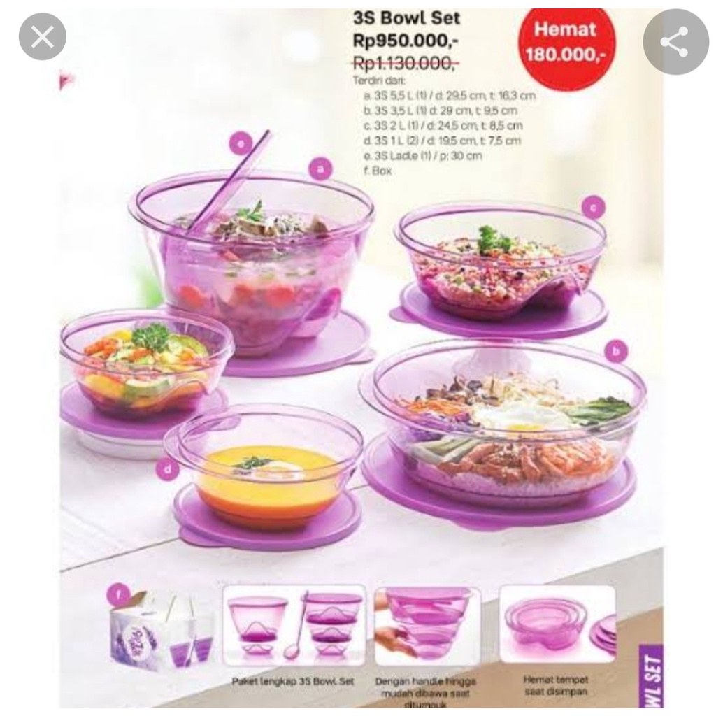 Tupperware 3s Bowl Set (wadah buah / tempat makanan saji / fruit basket / tempat sup / mangkuk soup 