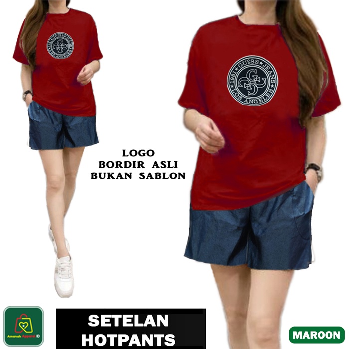 Setelan Hotpants LEV1S Bordir Kaos Santai Hot Pants Wanita Bahan Babyterry Premium Size XL / 19749