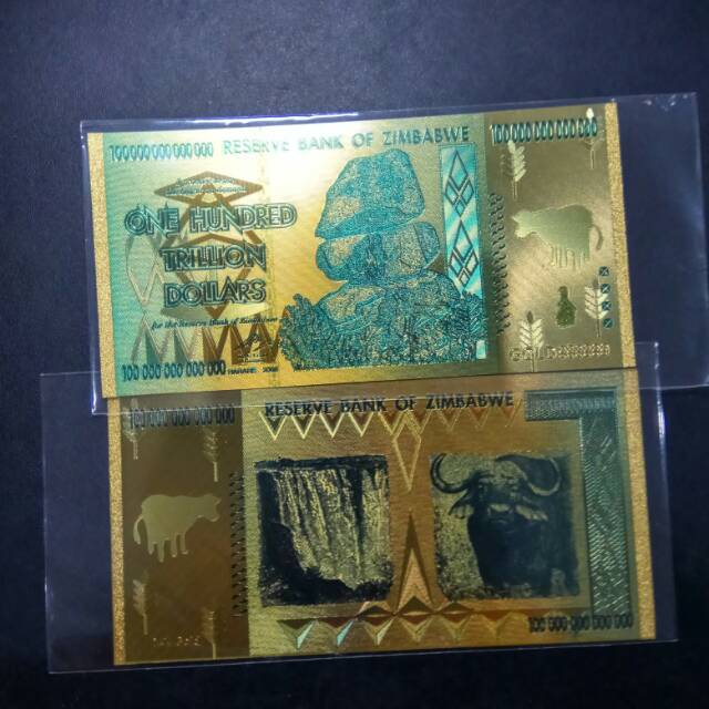 Gold Foil uang Zimbabwe pecahan 100 Triliun warna biru