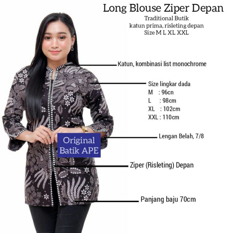 LONG BLOUSE TRADITIONAL BUTIK ZIPER RISLETING DEPAN BUSUI BATIK KOMBINASI READY M L XL XXL