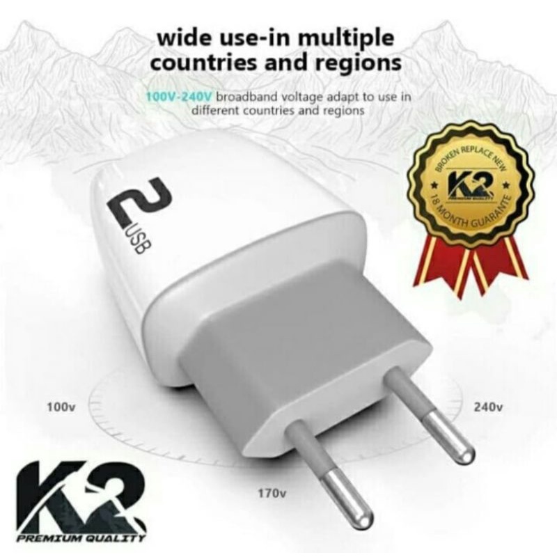 Kepala charger 2 slot USB K2 Adaptor charger premium quality