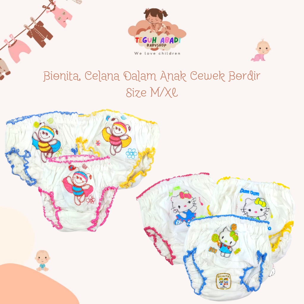 Bionita Panty / CD Anak Cewek Putih Bordir Size M/XL (1bks=3pcs)