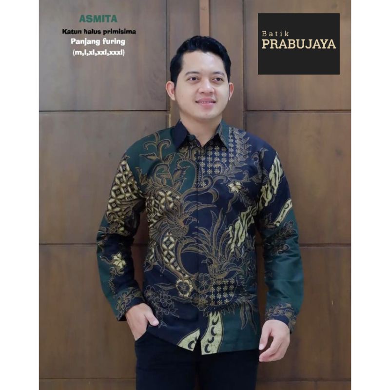 PRABU HIJAU Kemeja Batik Pria Modern Terbaru Lengan Panjang Full Furing - Baju Hem Batik Solo Pria Cowok Laki Laki Katun Halus Kondangan Kerja Kantor Pesta