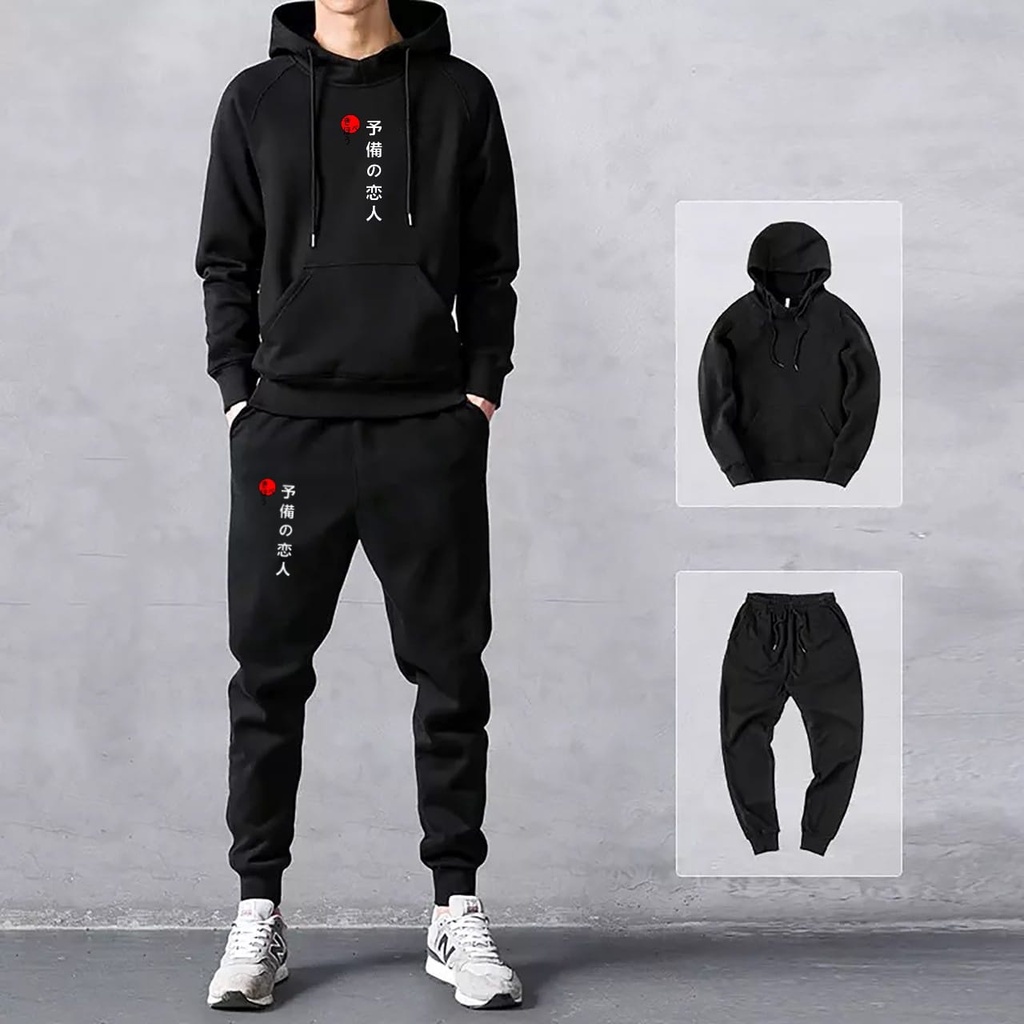 JOSJOLI_STORE/Stelan Hoodie+Jogger Tulisan Jepang/Satu Stel Atasan dan Bawahan Pria Dewasa/M L XL