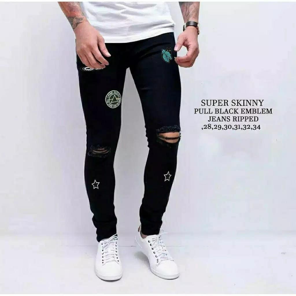 Celana Ripped Jeans Patch Original RN Seven Hitam