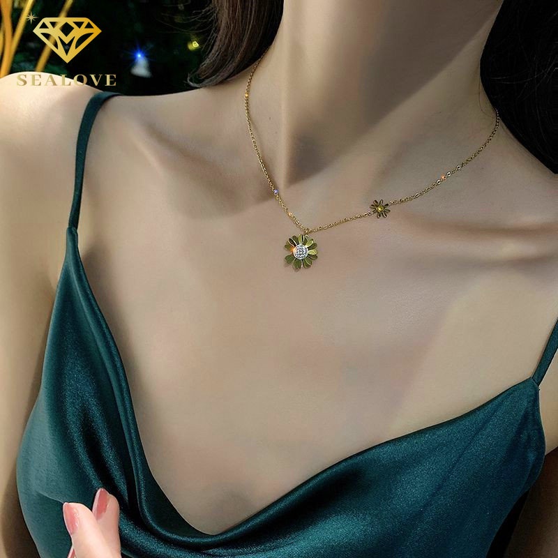 SEALOVE Kalung Anting Set Daisy Wanita kalung titanium anti karat dan luntur 18k Emas Perhiasan Premium Korea