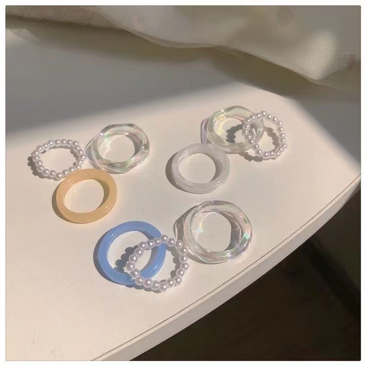 IFYOU 3pcs / set Cincin Mutiara Resin Gaya Korea Warna Silver Untuk Wanita