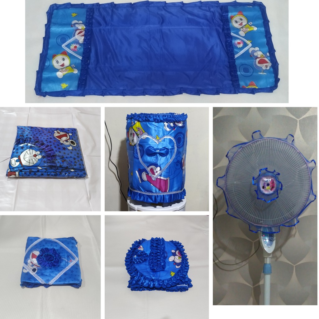 Set Cover Isi 6 Motif Doraemon, Isi: Tutup Kulkas, Galon, Saji, Mejicom, Kipas & Taplak Meja Makan