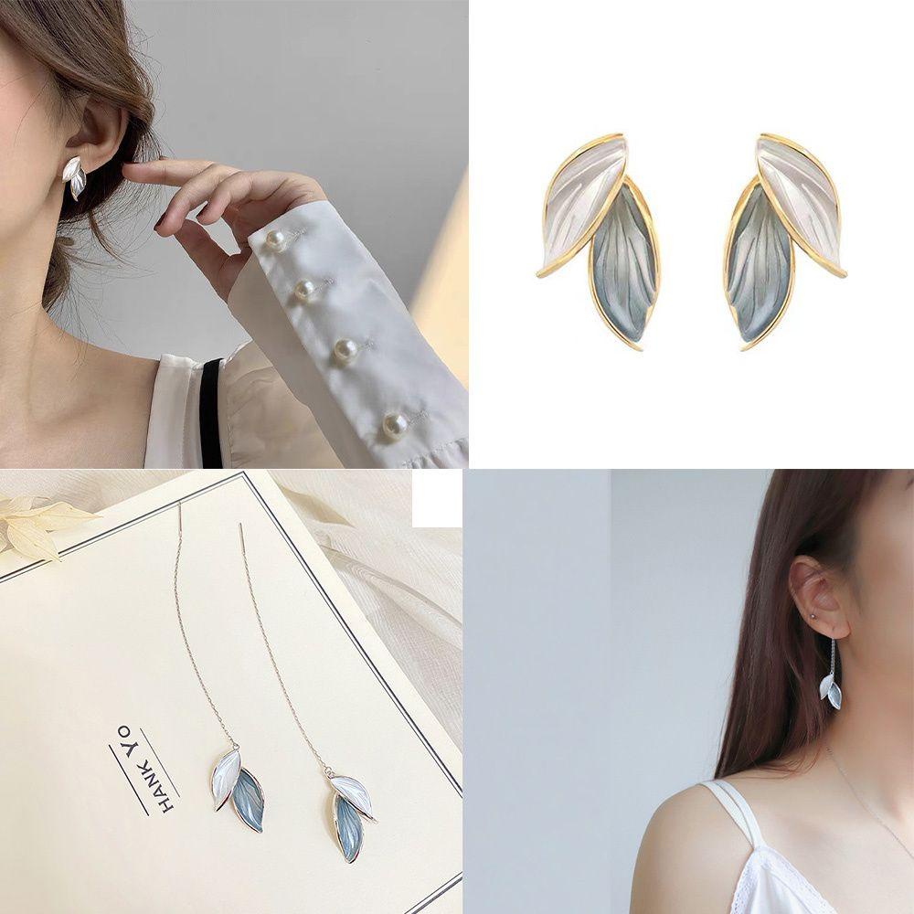 Lily Leaf Stud Earrings Bahan Alloy Wanita Ins Style Benang Telinga Daun