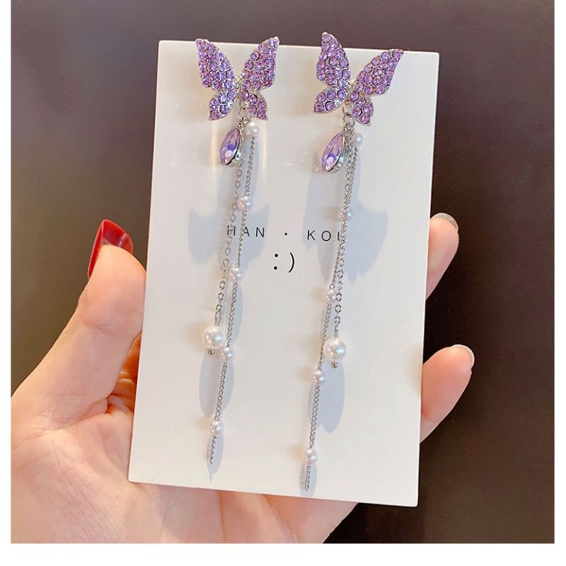 FerenHongXia Anting Kait Gantung Panjang Desain Kupukupu Hias Kristal Ungu Rumbai Mutiara