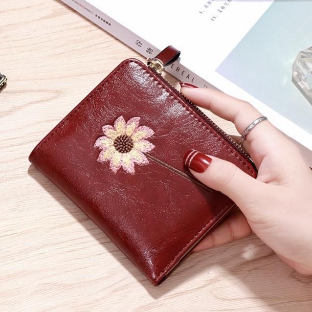 DOMPET WANITA KULIT MERAH LIPAT BUNGA IMPORT PREMIUM PAILLY WA049R1