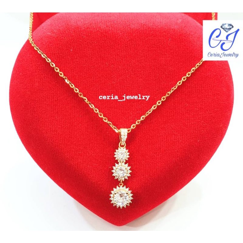 Set Kalung Perak Asli Silver 925 Lapis Emas Model Nori+Liontin Bunga 3 Susun - perhiasan Wanita